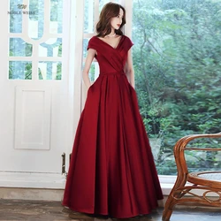 Evening Dresses Long  V-Neck  Prom Dresses  Floor-Length  A-Line  Dresses Woman Party Night  Pleat  Satin  Prom Dress