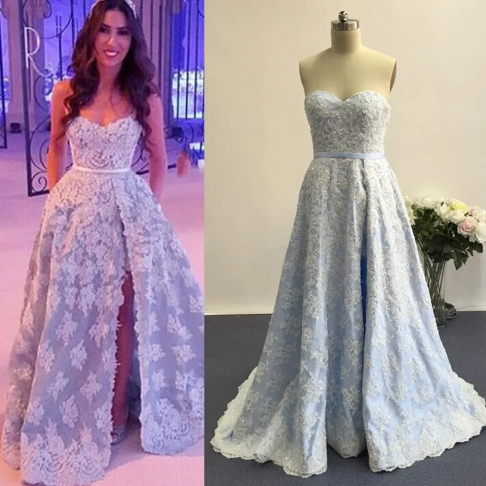 Vintage Light Blue Dresses 2023ด้านข้างสายลูกปัดลูกไม้ Appliqued กวาดรถไฟ Evening Gowns อย่างเป็นทางการ RobeDe Soriee