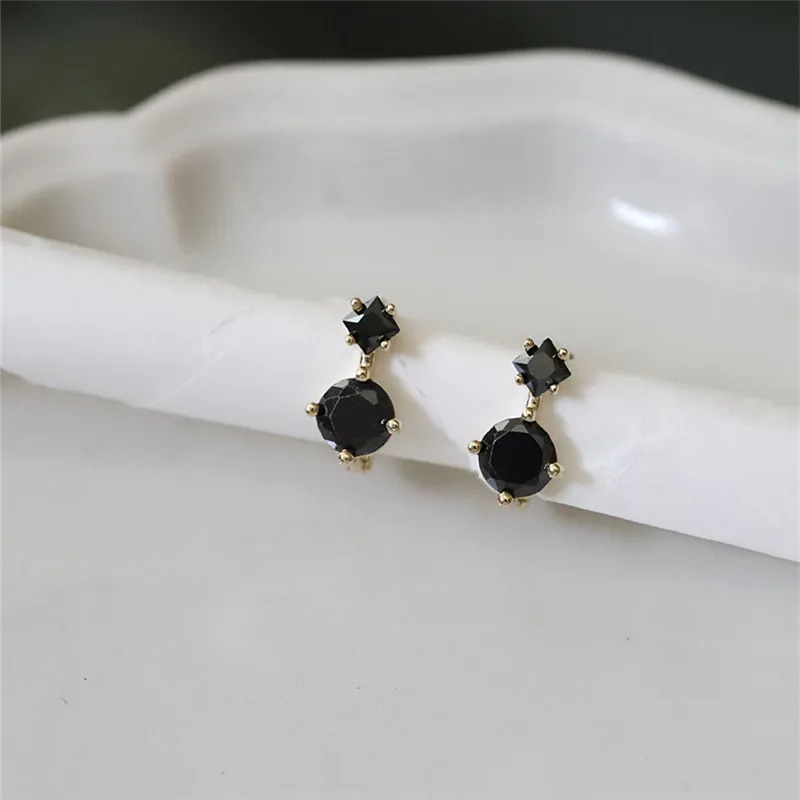 HI MAN 925 Sterling Silver French Black Zircon Geometric Stud Earrings Women 14K Gold Plated Noble Elegant Banquet Jewelry