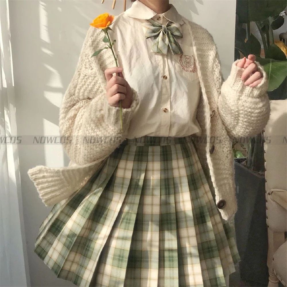 [Matcha Waffle] Long/Short sleeve Summer High Waist Plaid Pleated Skirts Women Dress JK School Uniform Students Girls Clothes