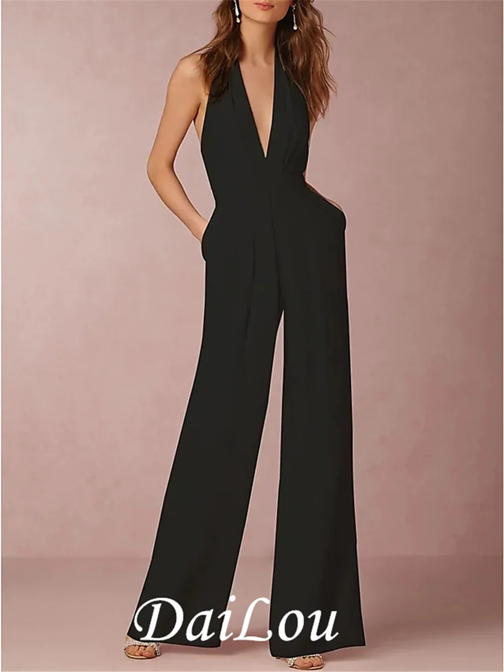 

Jumpsuits Minimalist Elegant Wedding Guest Formal Evening Dress Halter Neck Sleeveless Floor Length Spandex with Sleek 2021