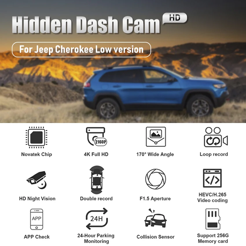 HD 4K Car DVR Wifi Video Recorder Dash Cam Camera High quality Night vision 24h Parking record For Jeep Cherokee Low version