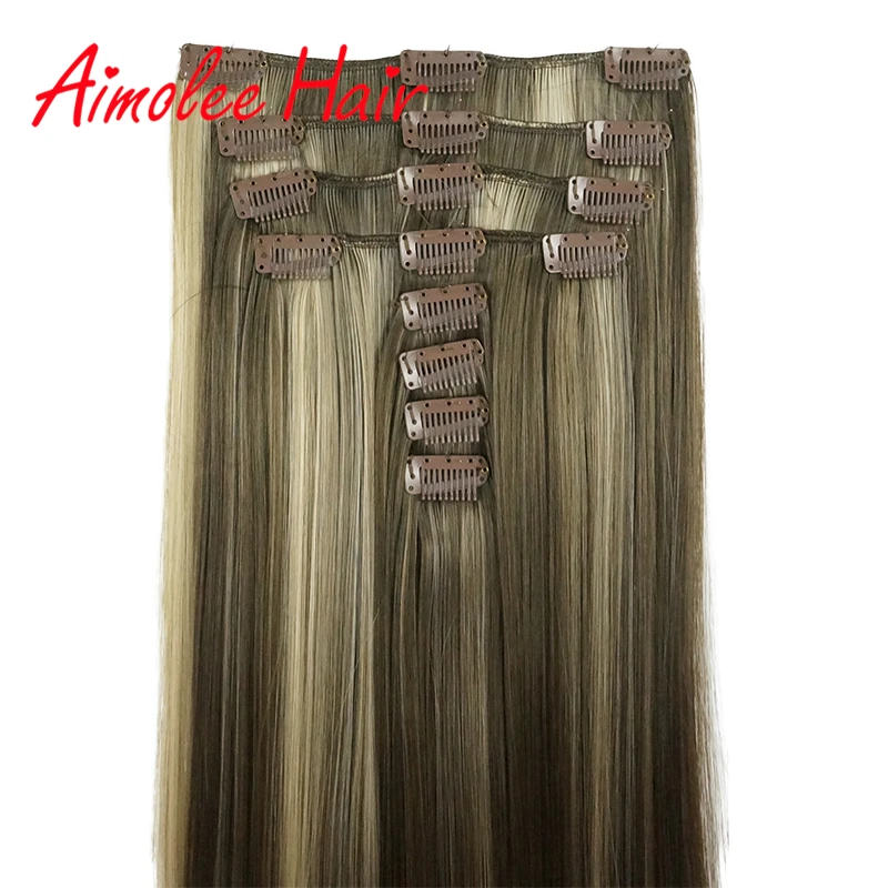 20inch 8pcs/set Blonde Highlight Synthetic Long Straight Hairpiece Clip In Hair Extensions 7 Color 16 Clip High Temperature