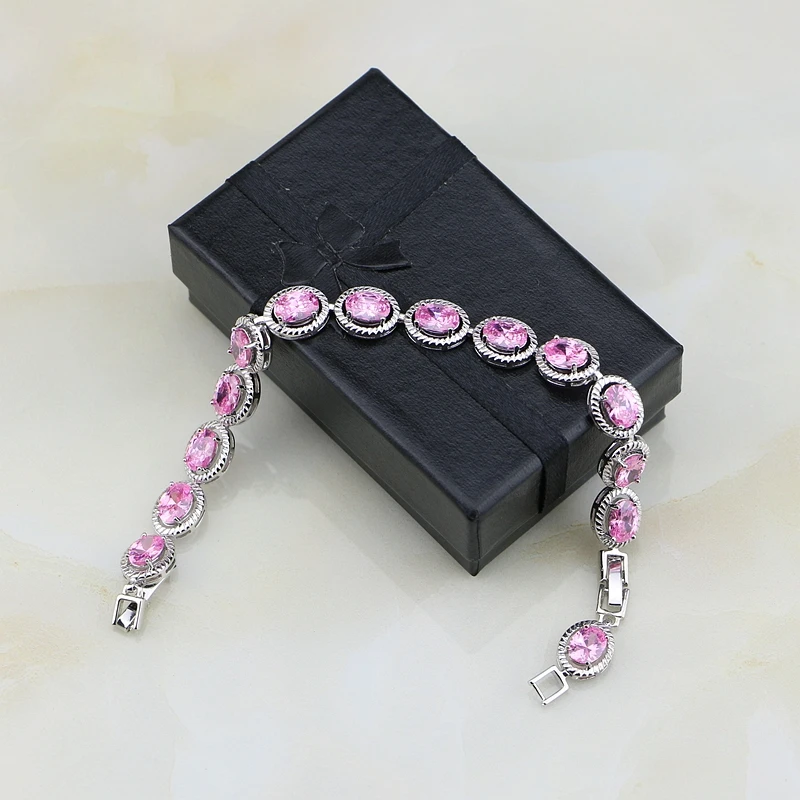 Captivating Oval Pink Cubic Zirconia Charm 925 Sterling Silver Chain Link Adjustable Bracelet Vintage For Women Free Gift Box