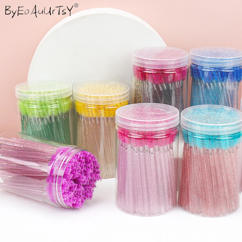 100 Pcs/Barreled Eyelash Makeup Brush Diamond Handle Mascara Wands Eyelash Extension Tools Disposable Eye Brow Brush