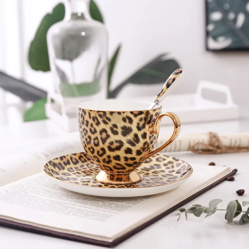 Leopard Print Ceramic Coffee Set Cups & Saucers Porcelain Tea Mugs Pot Milk Jug Sugar Jar Pastry 8/10.5 Inch Plate Wedding Gifts