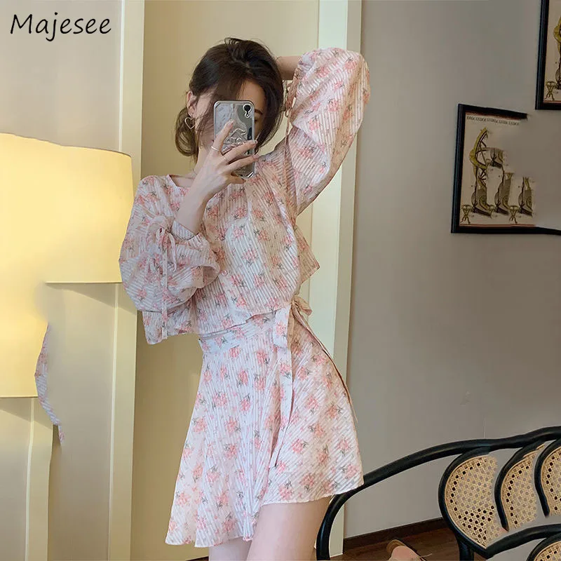 

Women Sets Sweet Summer Girlish Flowers Cozy Sashes Leisure Holiday Lovely Daily Full Sleeves Mini Draped Ulzzang Tender 2pcs