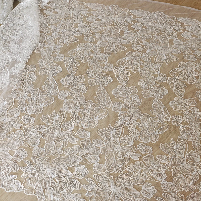 1 yard Off White Sequins Lace Fabric Clear Sequins Wedding Dress Sewing Gown Accessories DIY Material