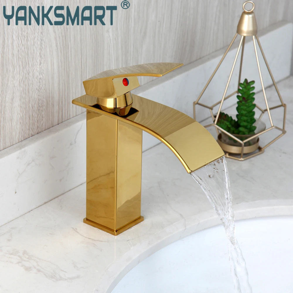 

YANKSMART Bathroom Faucet Waterfall Spout Basin Sink Deck Mounted Faucet Gold Polish Single Handle Hot And Cold Mixer Water Tap