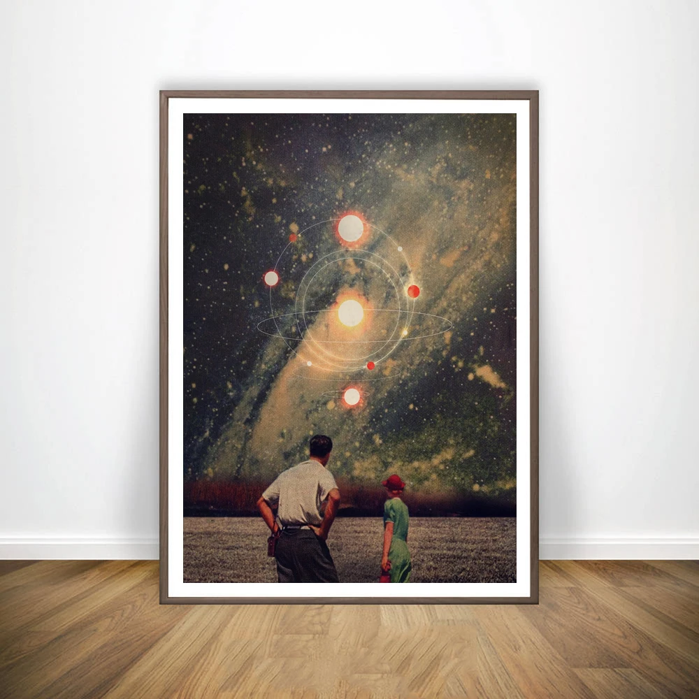 Impresión surrealista de galaxia espacial y Luna, impresión artística de cielo nocturno, lienzo de tierra, póster, pintura de pared del universo, decoración de ciencia ficción