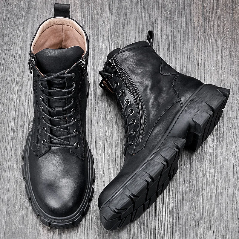 Cool Man Must Get! Winter Warm Fur Linning Mid-calf MotorcycleBoots Men\'s Genuine Leather Retro Shoes Super Recommand