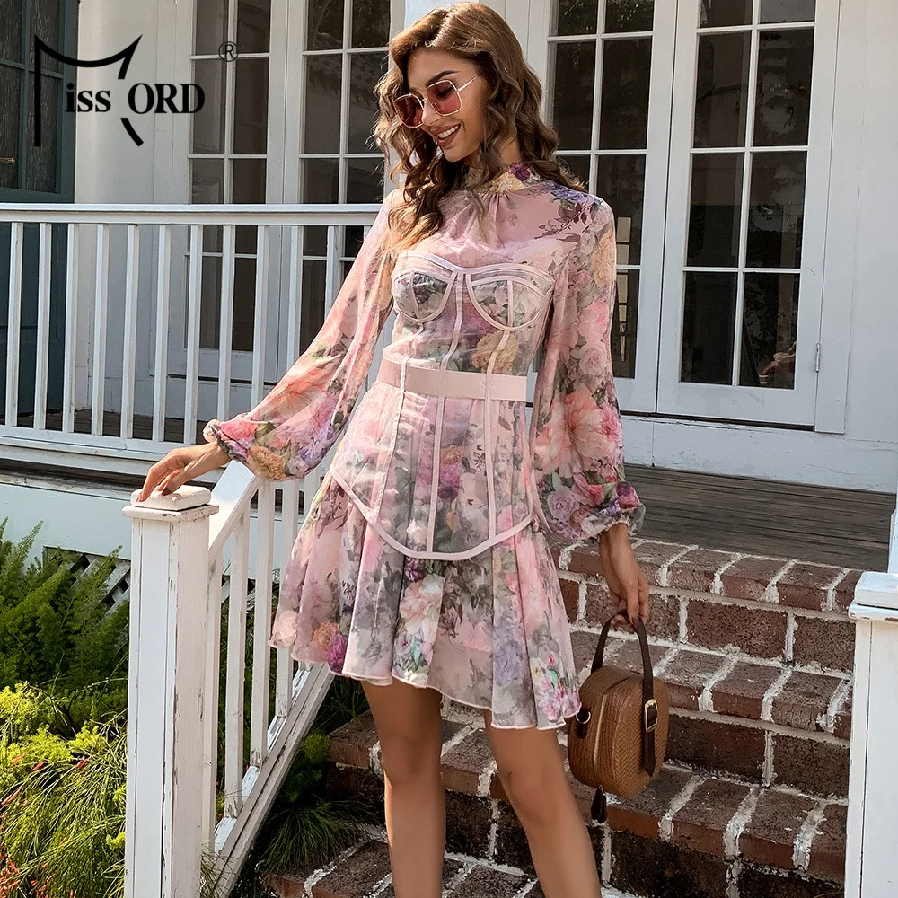 Missord Floral Printed Mini Dress Women High Neck Lantern Sleeve Elegant Dresses Female Long Sleeve A Line Corset Princess Dress