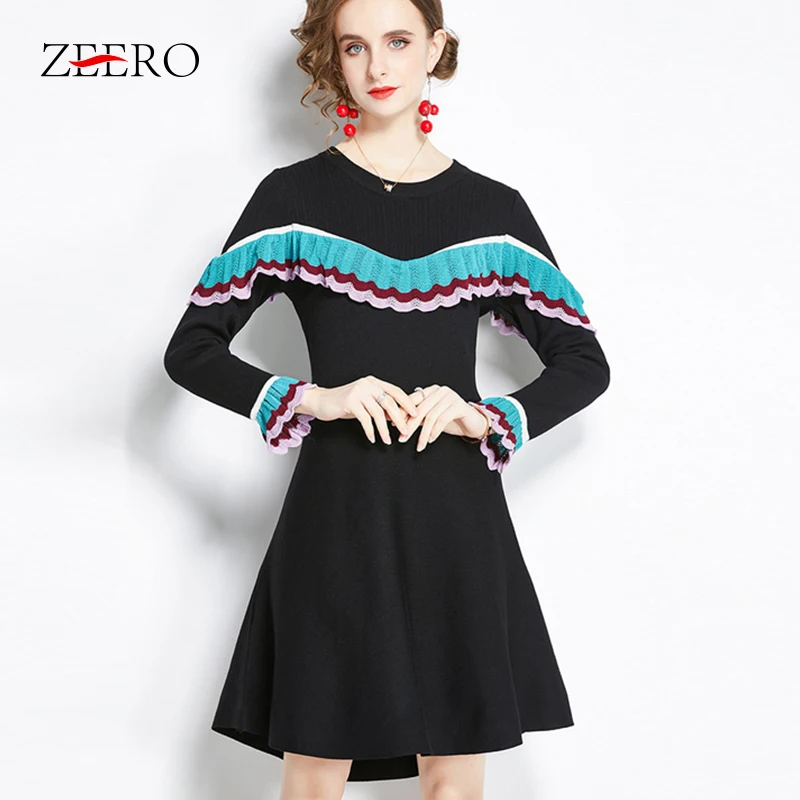 Autumn Winter Sweater Dress Women Colorful Ruffles Trim A-line Black Knitted Dress O-neck Flare Sleeve Elegant Slim Dress 