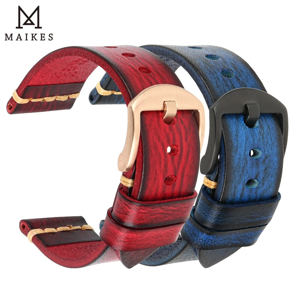 MAIKES Handmade Genuine Leather Watch Strap 18mm 20mm 22mm 24mm Vintage Watch Band For Panerai Citizen Omega SEIKO Watchband