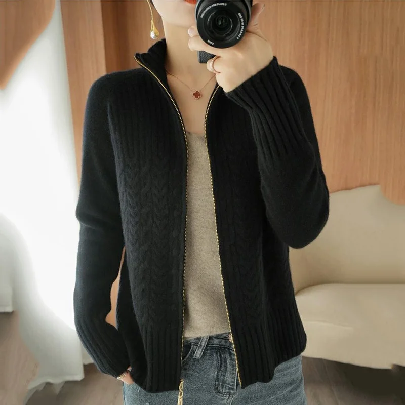 Nnew Spring Autumn Cashmere Cardigan Women Jacket Fashion Zipper Cable Sstand Ccollar Sweater Sheep Knit Sweater Ccoat Female