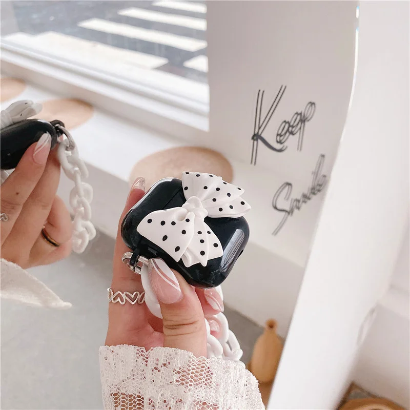 INS New Luxury Polka Dot Bow Knot Earphone Case For Airpods1 2 Pro3 Binaural Acrylic Bracelet Headphone Shockproof Protect Cover