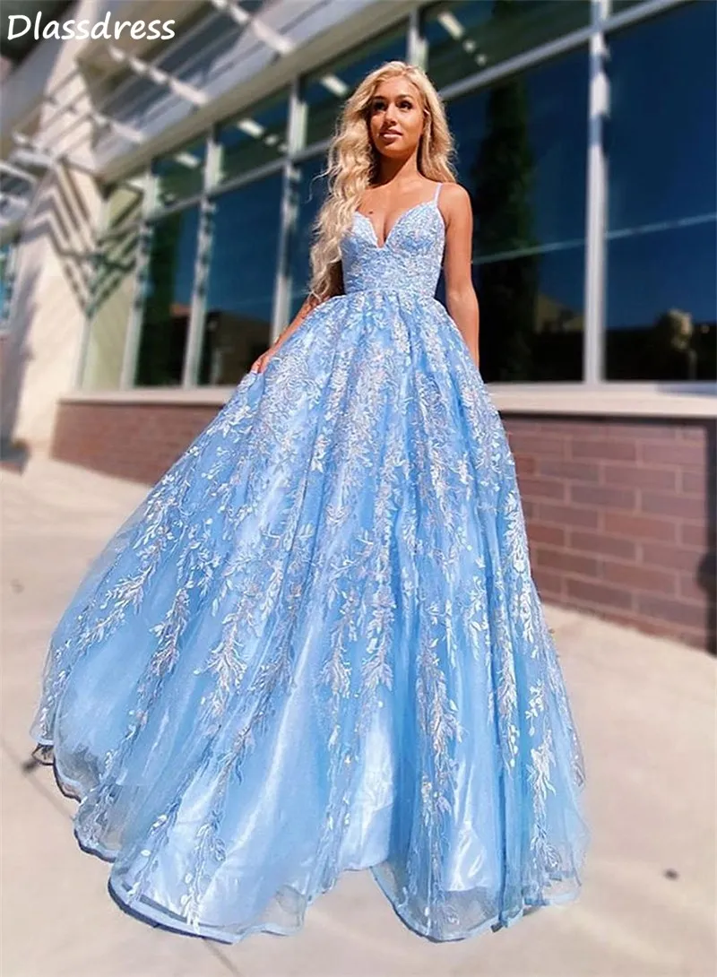 

Blue Evening Dress New Appliques Lace Spaghetti Strap V-neck Sleeveless Backless Lace-up Sexy Prom Dress платья знаменитостей