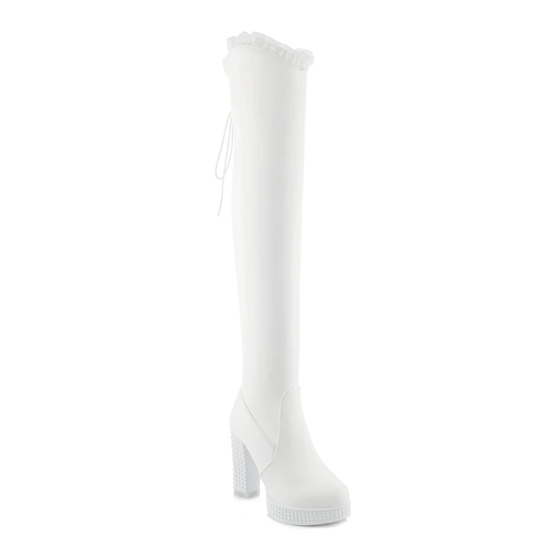 Doce branco botas longas do sexo feminino 2021 inverno novos saltos altos sobre o joelho botas femininas rendas-up coxa botas altas senhoras sapatos de moda