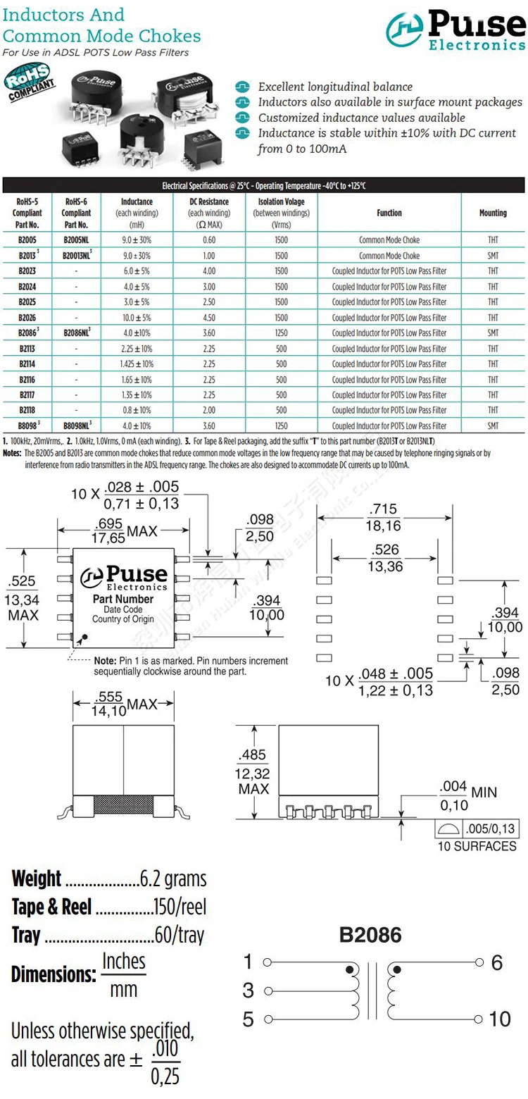 Original Neue 100% B2086NL SMD EP13 4MH 1CT:1 isoliert puls hohe frequenz flyback transformator