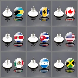 Fashion Women Silver Plated National Flag Earrings Canada America Mexico Jamaica Bahamas Cuba Barbados Glass Dome Stud Earrings