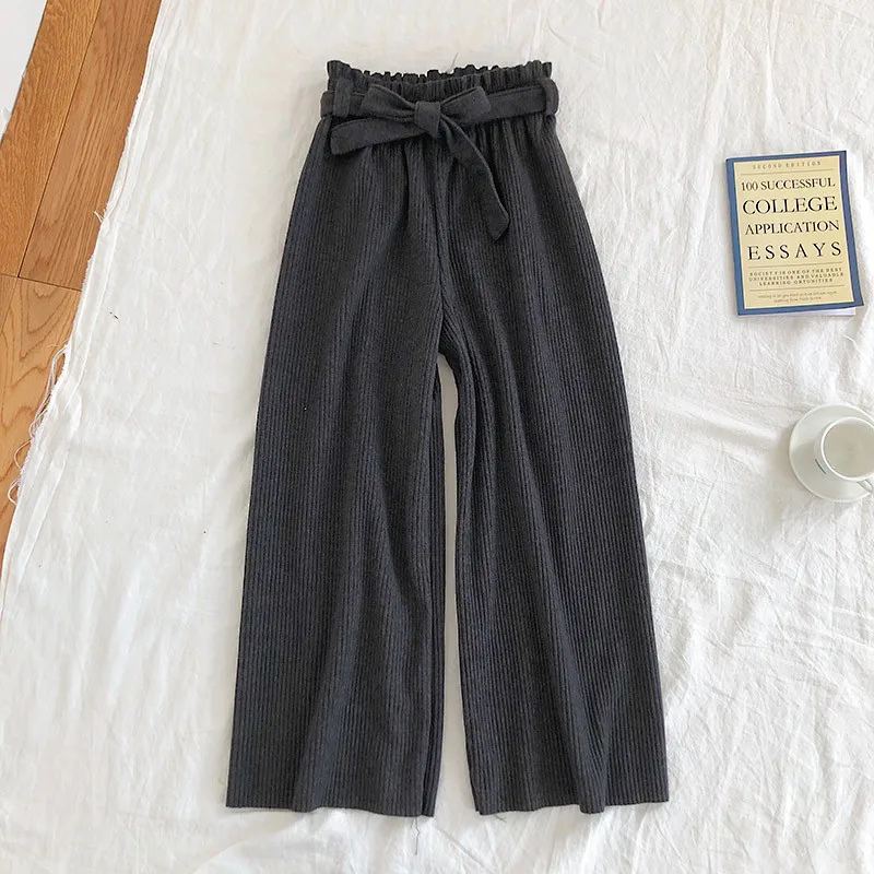 Pantaloni larghi di lana 2021 coreano autunno inverno donna pantaloni elastici a vita alta pantaloni lunghi cravatta femminile cintura allentata pantaloni Casual