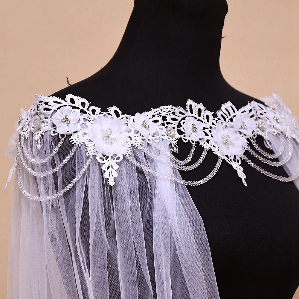 Bridal Cape Trailing Handmade Crystal Three-Dimensional Flower Lace pearl Shoulder Chain Jewelry  Shawl Gauze Cape