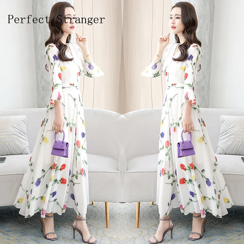 2021 Summer  New Arrival Bohemian V Collar Flower Printed Flare Sleeve Women Chiffon Long Dress High Quality  M-4XL