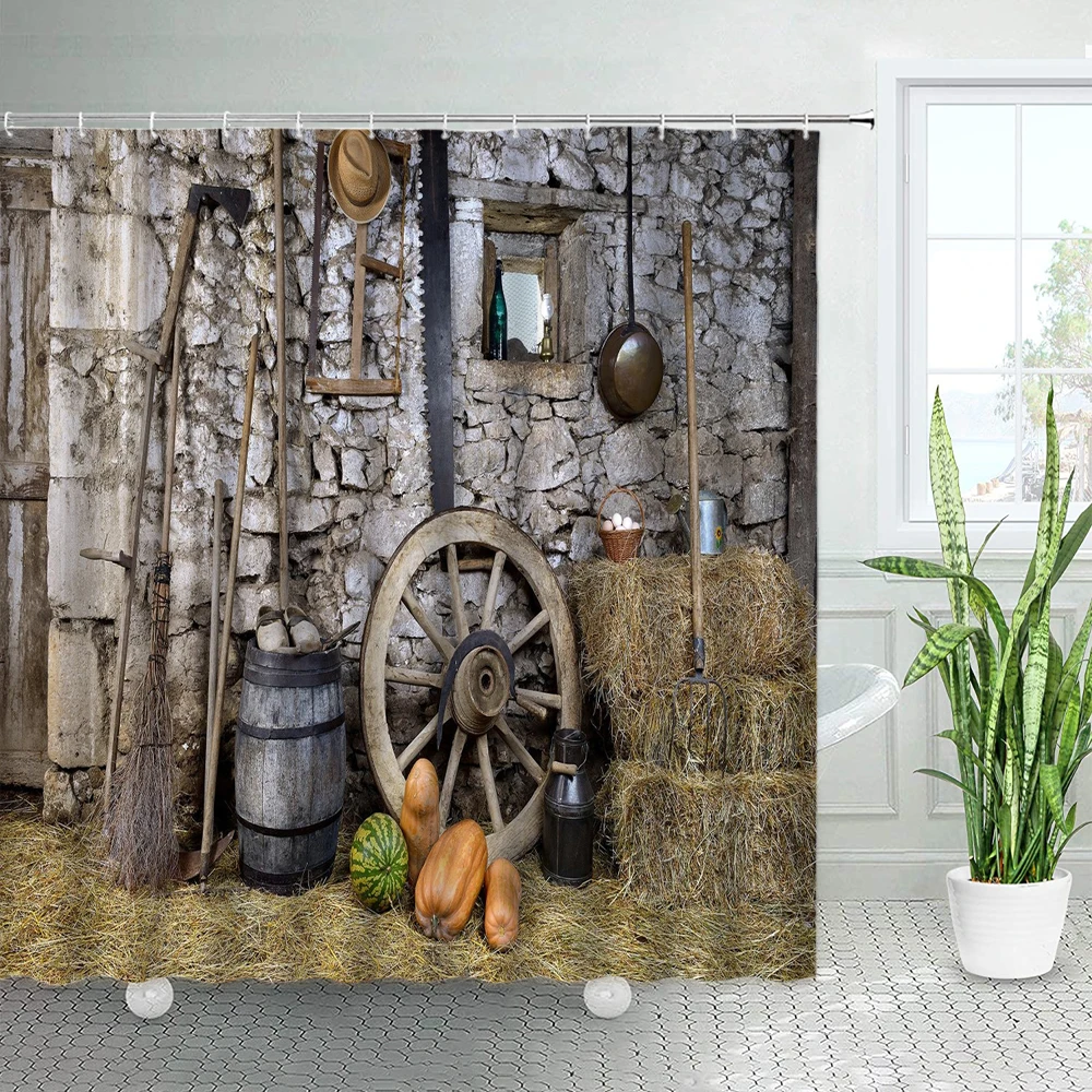 

Retro Farm Pumpkin Shower Curtains Set Wooden Wheel Farmhouse Autumn Harvest Festival Garden Wall Hanging Bathroom Cloth Curtain