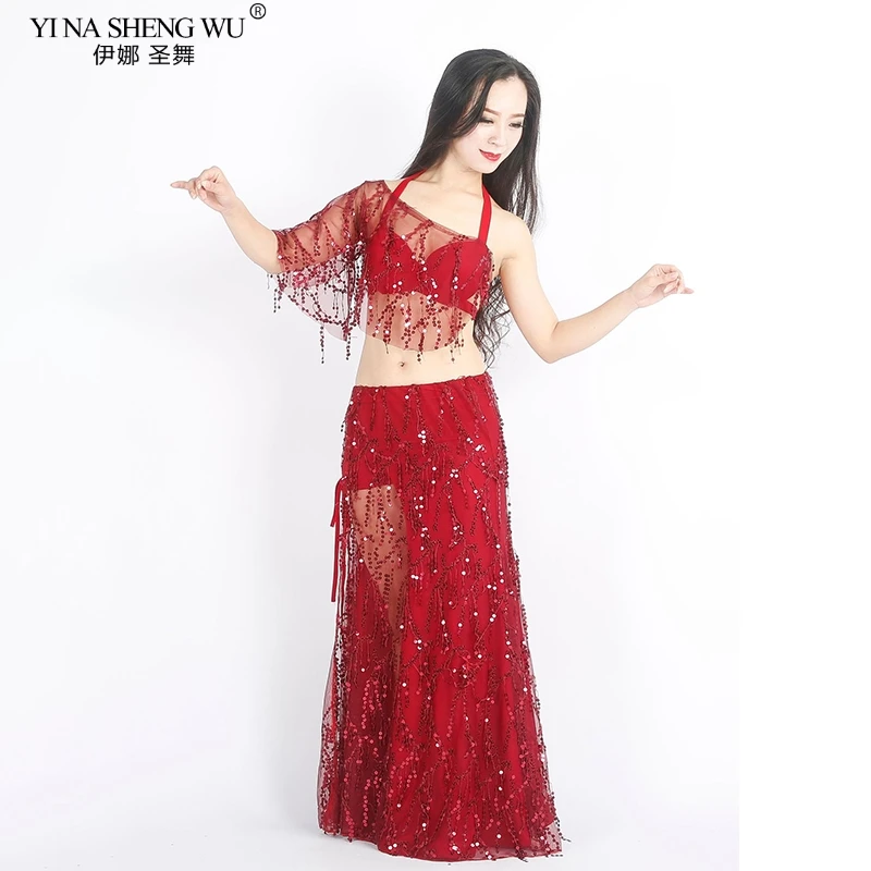 2ピース登るスパンコールタッセルベリーダンスのパフォーマンス衣装セクシーなトップスプリットスカート練習衣装ステージ性能もショーの服