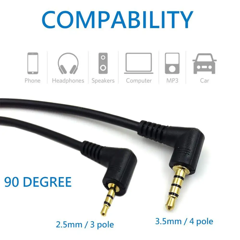 1pc 90 Degree Right Angle 3.5mm 4 Pole Male to 2.5mm 3 Pole Male Headset Stereo Audio Aux Extender Adapter Jack Cable 20cm