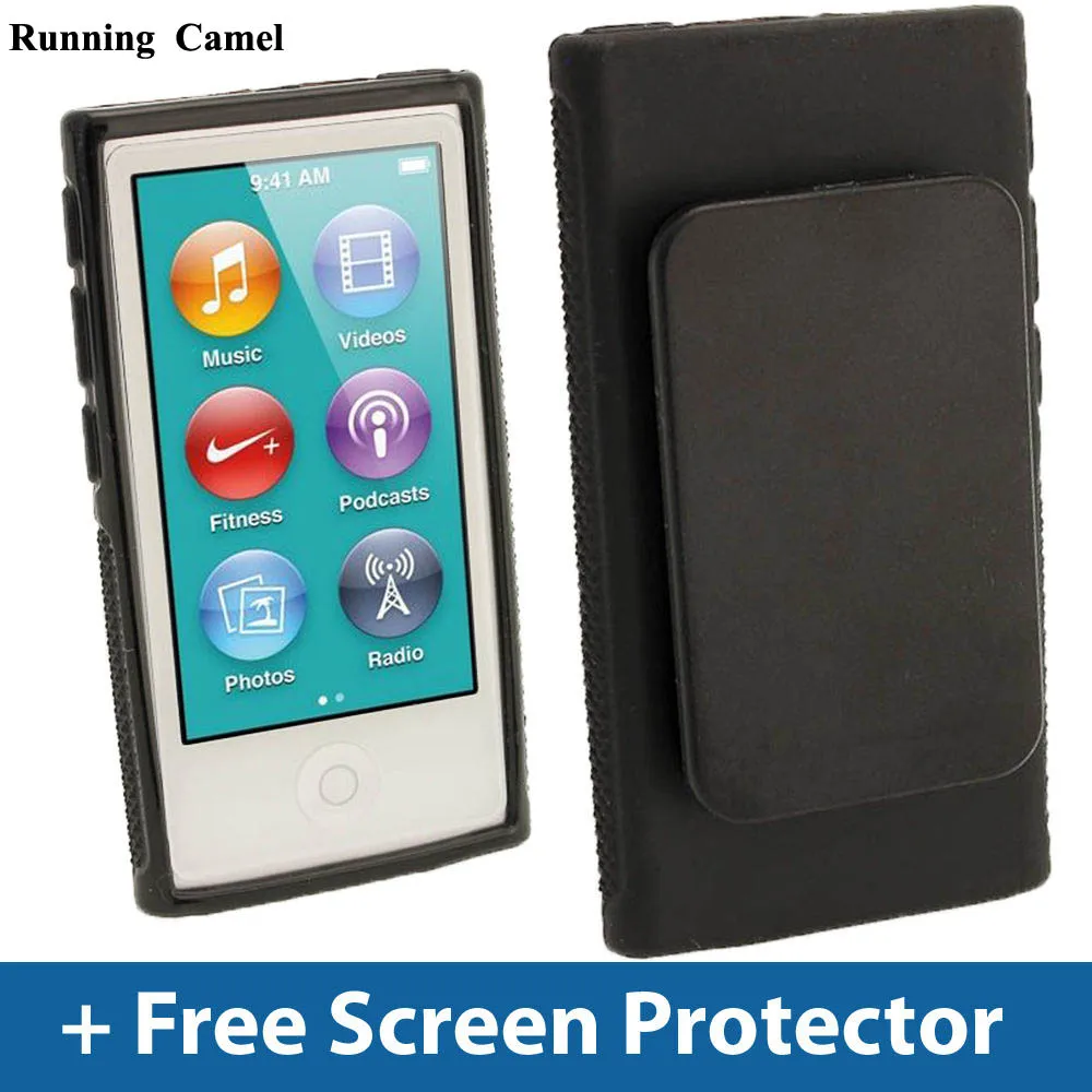 TPU Rubber Gel Soft Skin Case Cover, Belt Clip, Screen Protective Films for iPod Nano 7 7G 7th, 2Pcs