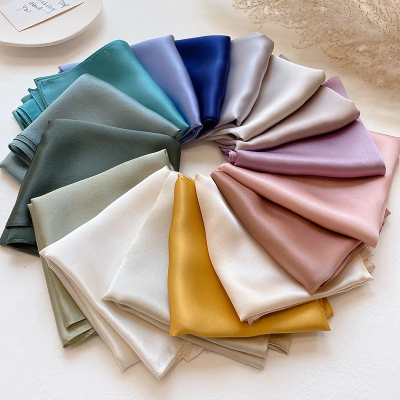 New Solid Color Print Hijab 100% Real Silk Square Scarf Women Headband Poncho Female Shawl Headkerchief Foulard 2023 Bandana