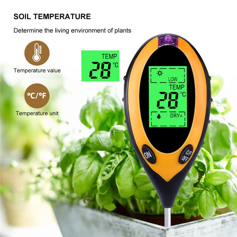 4 In 1 Digital PH Meter Soil Moisture Monitor Temperature Sunlight Acidity Tester Alkali Test Tool For Gardening Plants Farming