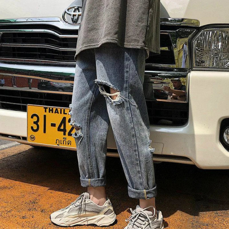 Jeans Pria Celana Panjang Lubang Lurus Denim Harajuku Chic Solid Celana Panjang Pria Gaya Korea Santai Streetwear BF All-Match In Longgar Remaja