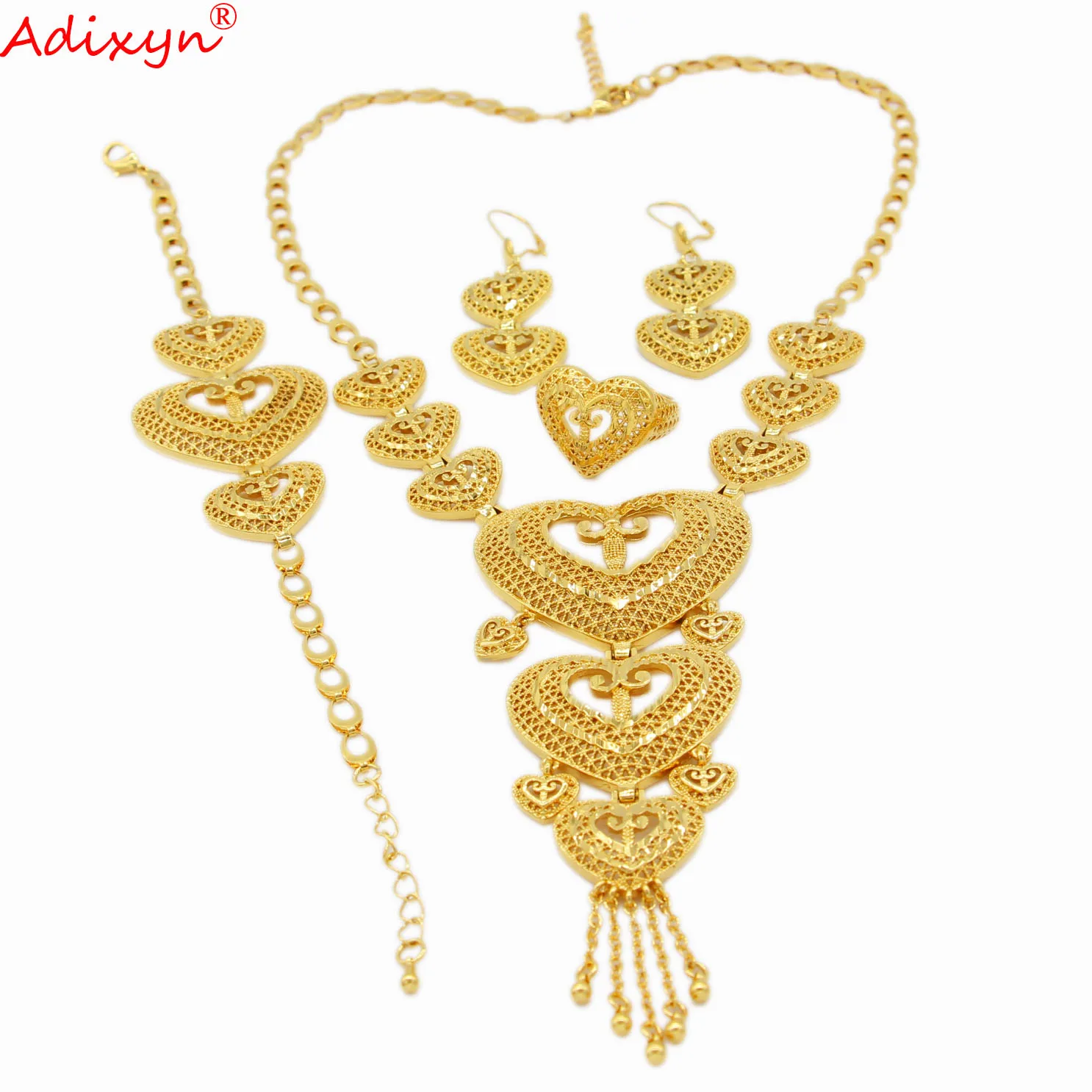 Adixyn Heart Shape Necklace Bracelet Earrings Ring Set Jewelry For Women Gold Color Luxury Dubai African Party Gifts N03103