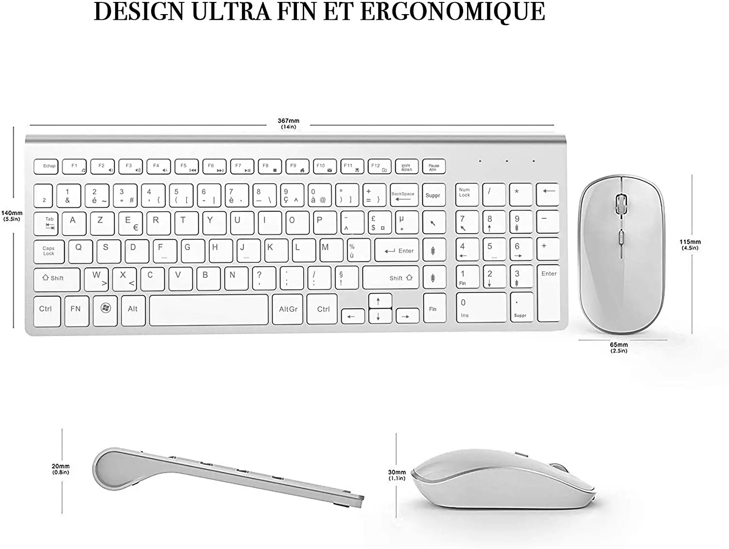 AZERTY Français 2.4G Clavier Souris Ergonomique Compatible avec IMac Mac PC Ordinateur Portable Tablette Ordinateur Windows (Argent Blanc)