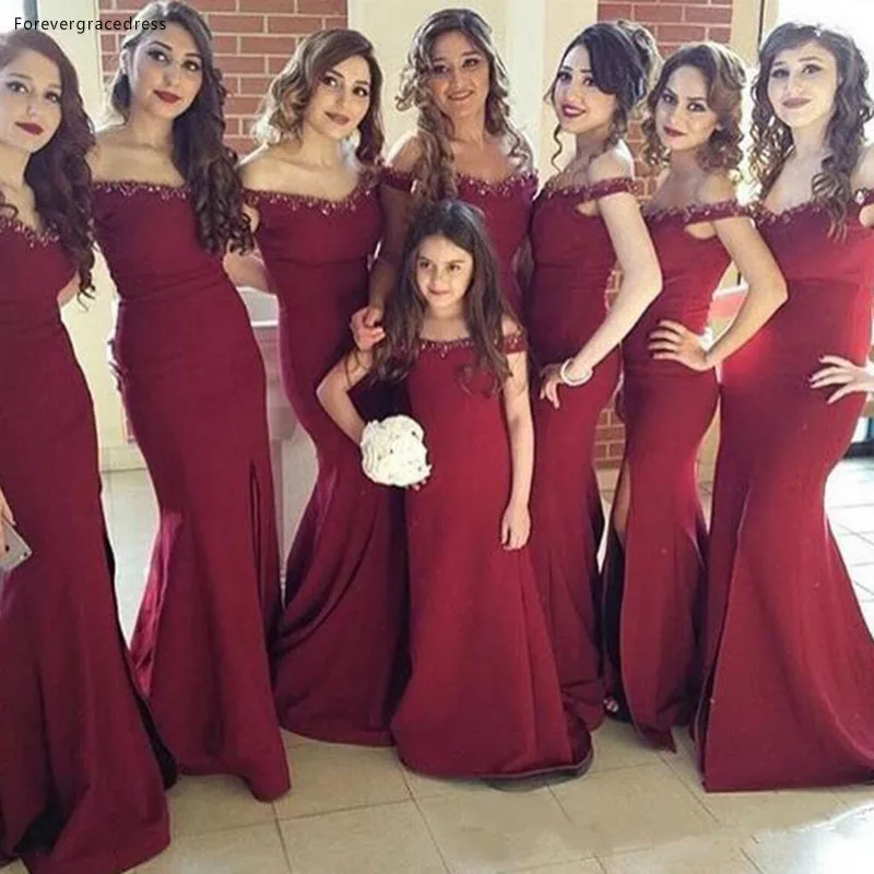 New Burgundy Beaded Long Formal Bridesmaid Dress Mermaid Off Shoulders Maid of Honor Gown Plus Size Custom Made