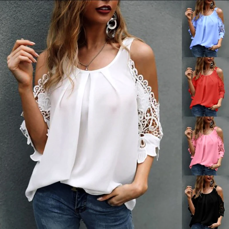 Fashion Woman Blouses 2023 New Summer Lace Round Neck Loose Lace Sexy Shoulder Half Sleeve Hollow Out 5XL Shirt Blouse Lady Tops