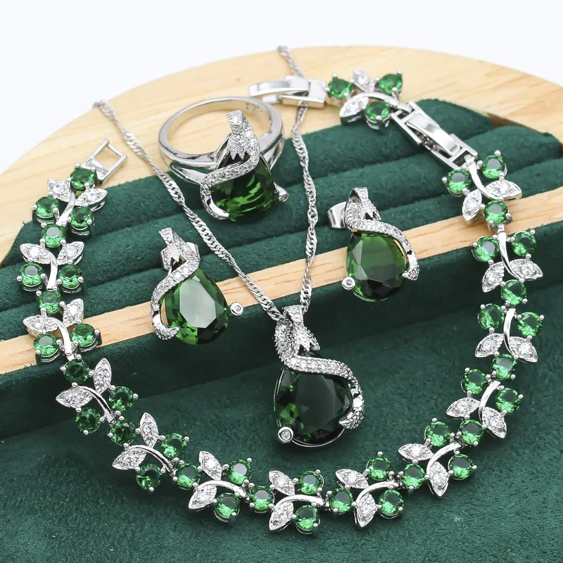 925 Silver Jewelry Sets For Women Party Green Blue Crystal Bracelet Earrings Necklace Pendant Ring Wedding Jewelry Gift 4PCS