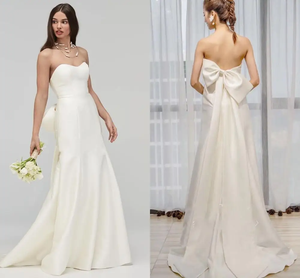 Robe De mariée sirène en Satin, sans bretelles, élégante, avec gros nœud, 2020