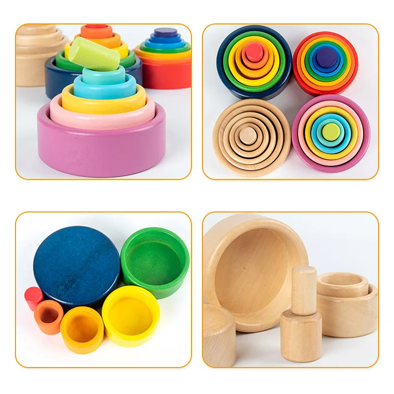 Bloques de arcoíris de madera para niños, taza apilada, bloques de construcción, apilador de arcoíris de madera, juguetes apilables para niños, juguete educativo Montessori