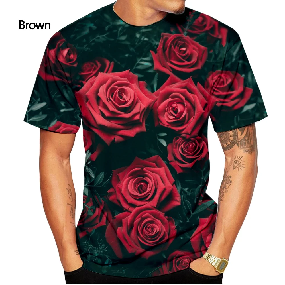 Rose T-shirt Men\'s Fashion 3D Printing T-shirt Summer Casual Short Sleeve Flower Shirt Top