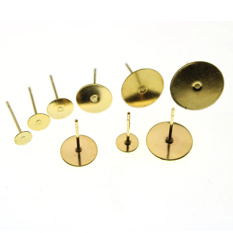 

50pcs Gold Color Surgical Stainless Steel Stud Earring Base 3 4 5 6 8 10 12mm Pad Earring Tray Settings DIY Jewelry Make