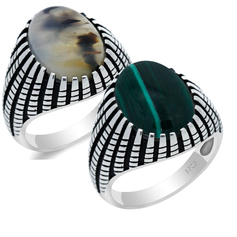 

Natural Stone Ring 925 Sterling Silver Male Ring Natural Malachite/Agate Stone Punk Style Party/Wedding Men's Ring Fine Jewelry