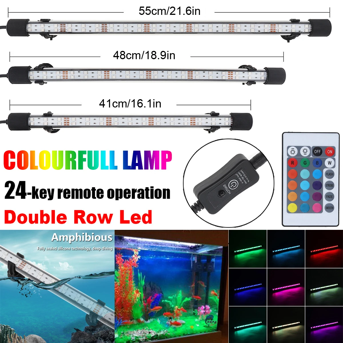 

RGB Aquarium Light IP68 Waterproof Fish Tank Lights T8 Double Row Super Bright Underwater Light with Remote Control