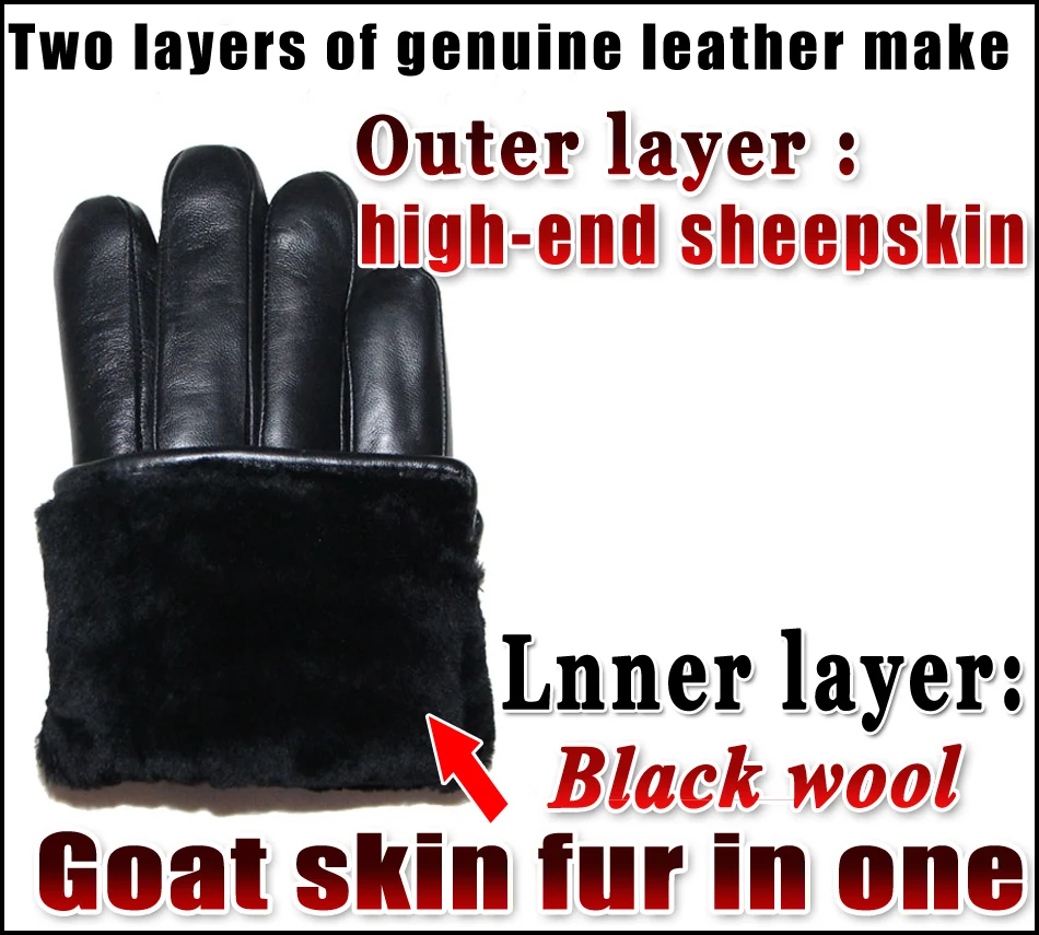 Deerskin Pattern Male Leather Gloves Sheepskin-fur in one  Gloves Female Goatskin  Sheep Fur Wool Gloves Winter  Thickening Warm