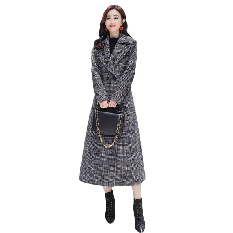 

2019 Plaid woolen coat female long section Slim temperament houndstooth autumn and winter Korean women's woolen coat tide