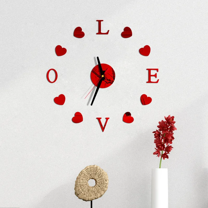 LOVE AND HEART Wall Clock 3D DIY Acrylic Mirror Stickers Clock Watch  Living Room Bedroom Home Decor Large Silent Elreloj Mural