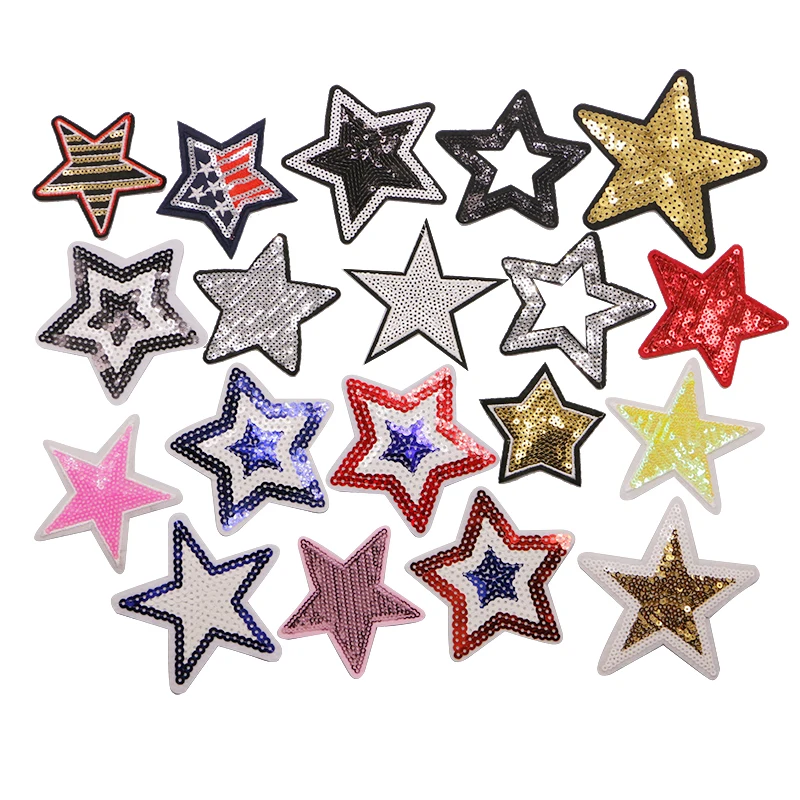 2 PCS Star Embroidered Patch Sequin Sewn Iron Badge Gold Silver Red Black Blue Powder Clothes Hat Backpack DIY Decal Decoration