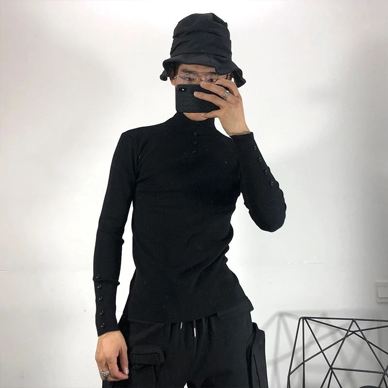 Owen seak Men Hoodies Knitted Sweater Tight Fitting High Sweater Men's Clothing Spring Pullovers Solid Black Hoodies Sweater